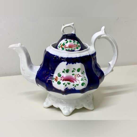 19th Century Antique Gaudy Welsh Feather Pattern Ring Finial Lidded Teapot - Picture 16 of 16